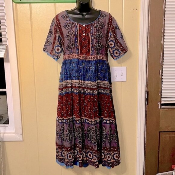 Vintage LaCera Pleated 90s Cotton Babydoll Maxi Dress Boho Hippie - Picture 1 of 12